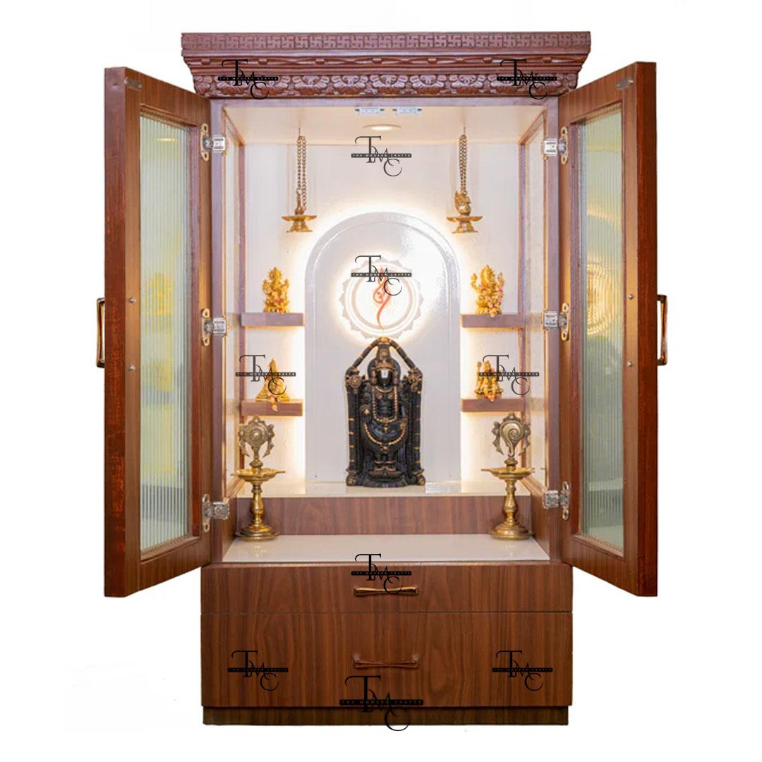Exquisite Wooden Home Mandir with Elegant Glass-Panel Doors