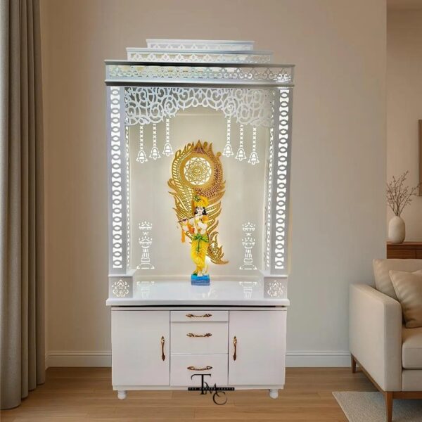 Luxury Krishna Wooden Temple with 3D Mor Pankh & Om Emblem